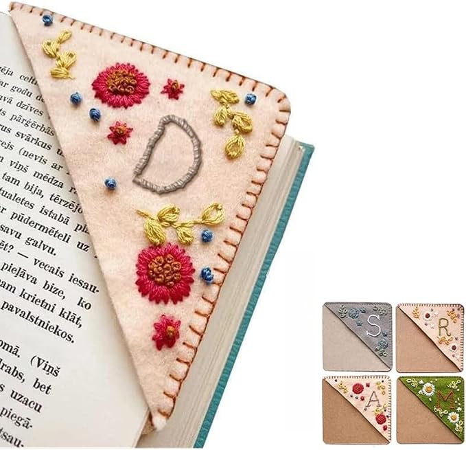 Personalized Hand Embroidered Corner Bookmark, 26 Letters Cute Flower Embroidered Corner Bookmark Embroidery Book Marker Clip for Book Lovers Bookmarks for Reading Lovers Meaningful GIF (Fall, D)