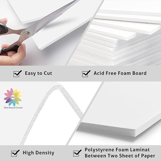 Mat Board Center, Pack of 25 Foam Core Backing Boards 1/8" (8x8, White)