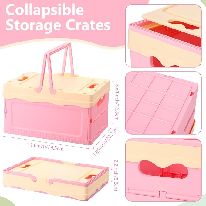 2 Pcs Pastel Plastic Collapsible Storage Crates with Lids and Handle Collapsible Picnic Basket Stackable Storage Bins Cute Foldable Container for Home Kitchen Office Bathroom(Pink,Blue)