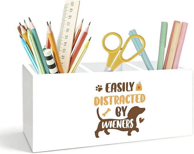 Funny Dachshund Pen Holder for Desk, Weiner Dog Gifts for Women Men, Easily Distracted by Wieners Wooden Box Pencil Pen Holder Organizer for Home Office Desk Accessories