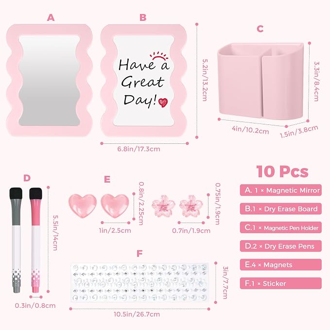 SKYDUE Locker Accessories Kit for Girls - Includes Magnetic Mirror, Whiteboard, Pen Holder, Magnets and Stickers, Pink Locker Decor & Organizer Set, Back to School Supplies, Basic Set 10 Piece