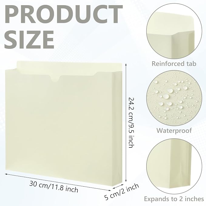 Dunzoom 50 Pack File Jackets Letter Size 2 Inch Beige Expansion Manila Plastic File Folders Expandable Heavy Duty Reinforced Straight Cut Tab Expandable Document Jacket for Office