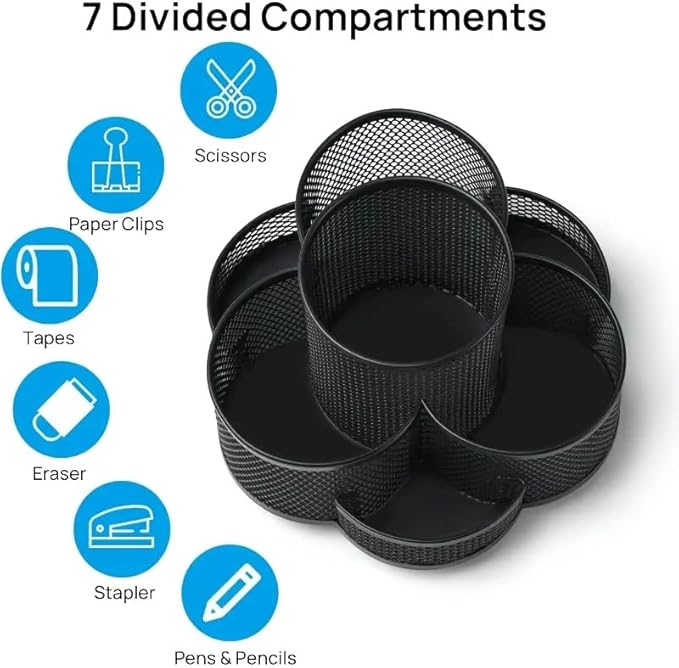 Grid Desktop Storage Box, 7-Compartment Individual Storage Boxes, Rotatable, Metal Material, 6.89 inches wide, 3.94 inches high (Black)