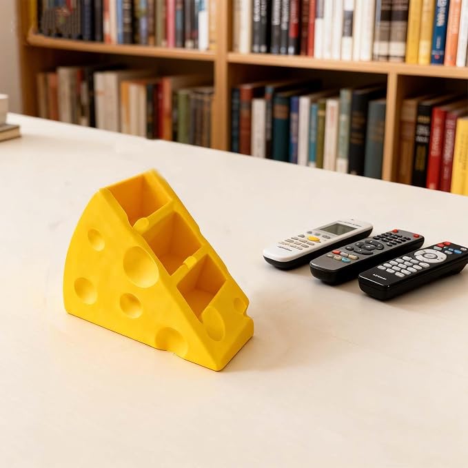 Cheese-Shaped 3D Printed Remote Control Holder with 3 Compartments - Ideal for Home and Office Organization