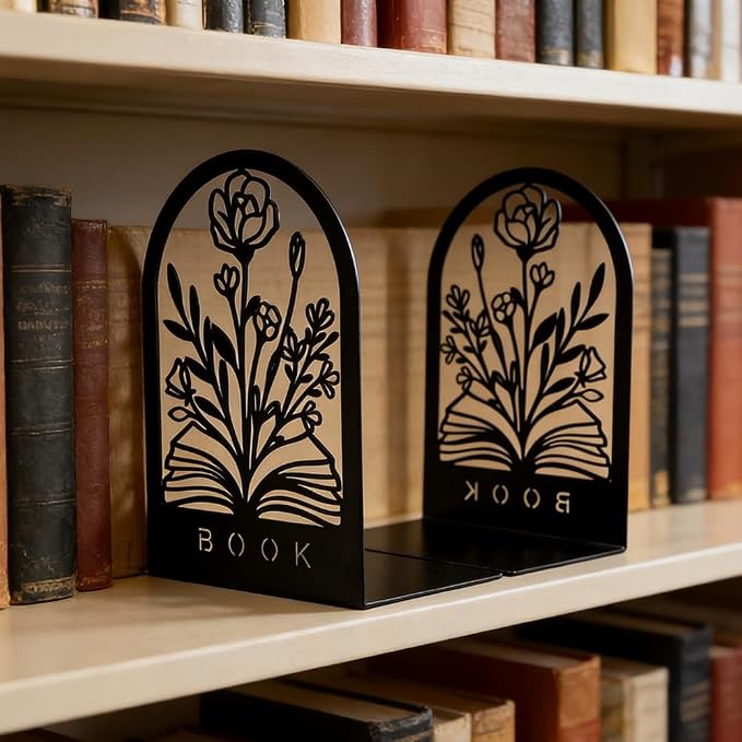 Book Ends, Bookends, Book Ends for Shelves, 2Pair Non Skid Metal Book Divider Decorative Holder, Abstract Art Desgin Book Stopper Supports for Office, Home (Flower Book)