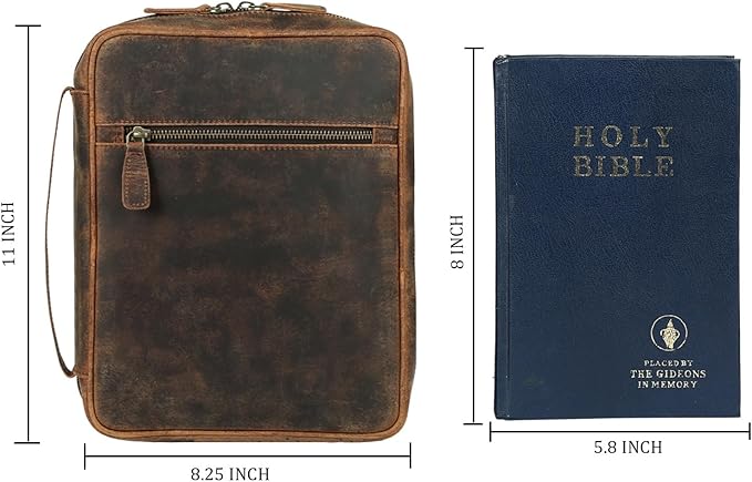 Leather Bible Cover for Men & Women – Zippered Bible Case with Handle, Note & Pen Organizer – Fits Large Study Bible – 11.5x8.5 Inch (Hunter)
