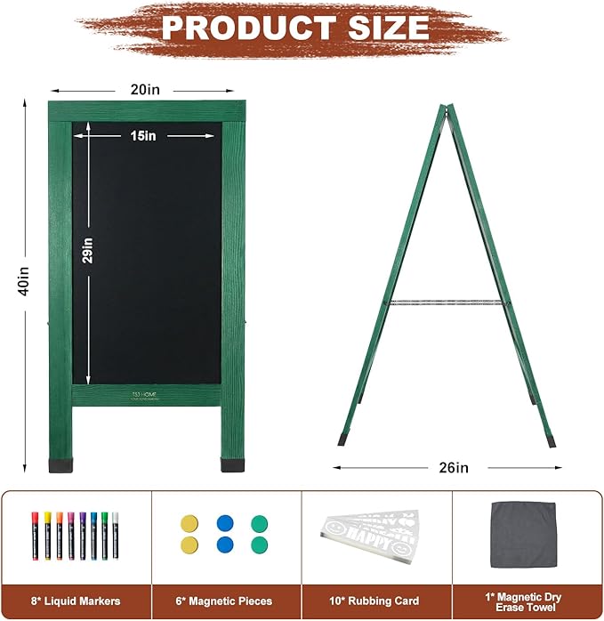 Wood Magnetic A-Frame Chalkboard Signs, 40" x 20" Large Sandwich Board Signs Outdoor, Double-Sided Sidewalk Blackboard for Business, Wedding, Vendor Display, Coffee Shope - Green