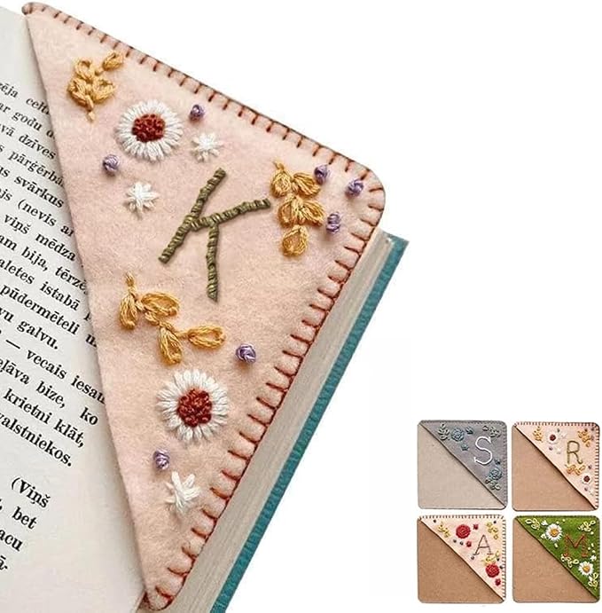 Personalized Hand Embroidered Corner Bookmark, 26 Letters Cute Flower Embroidered Corner Bookmark Embroidery Book Marker Clip for Book Lovers Bookmarks for Reading Lovers Meaningful GIF (Spring, K)