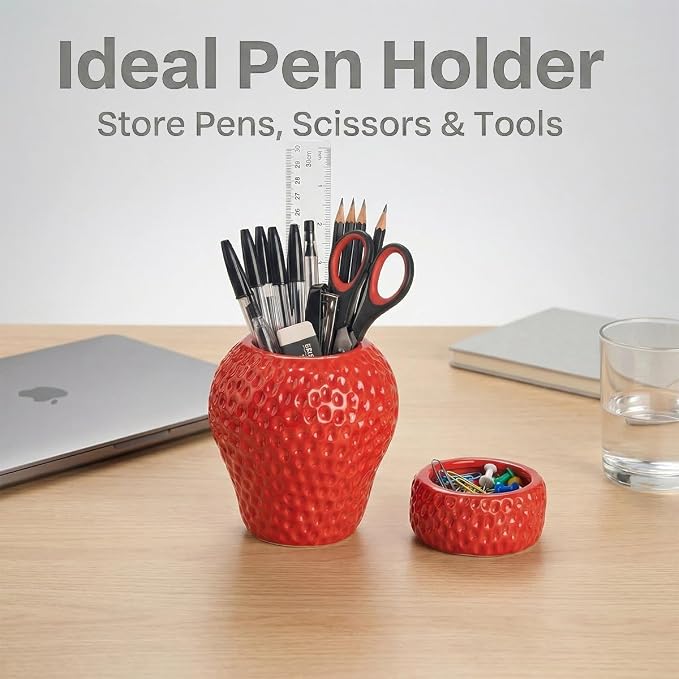 Ceramic Paper Clip Holder, Strawberry Pen Holder Set, Cute Pen Holder for Desk Storage Set of 2, Office, School, Home Decor(Red)