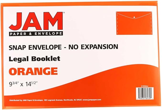 JAM PAPER Plastic Envelopes with Snap Closure - Legal Booklet - 9 3/4 x 14 1/2 - Orange - 12/Pack