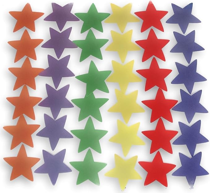 Star Cutouts Bulletin Board Cardstock Shape Accents - Red, Blue, Yellow, Green, Purple, Orange - 36 Pieces - 6 x 6 Inches