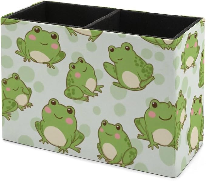 Desk Organizer Pen Holder Cute Frog, Square Multi-Functional Pencil Container for Decoration Home and Office, PU Leather Pen Container