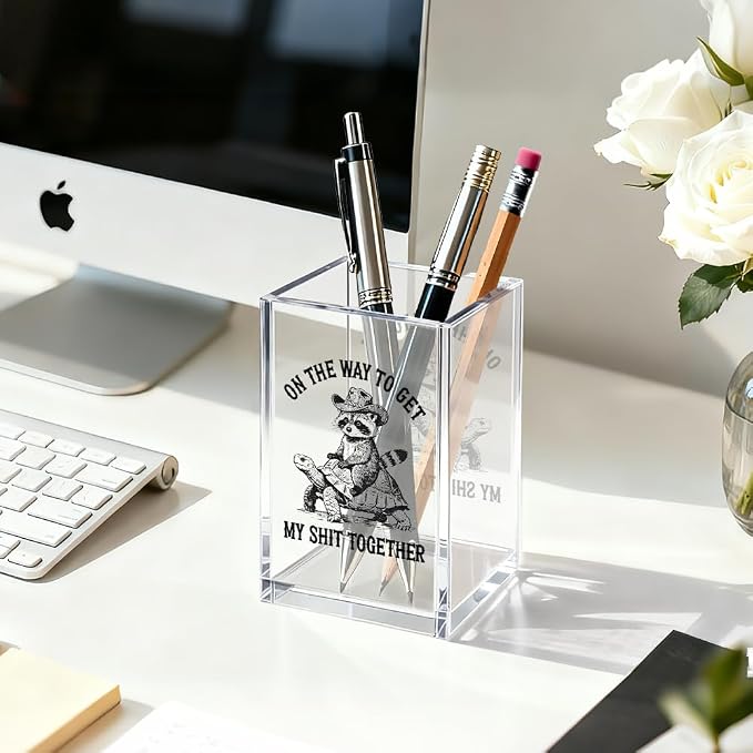 On The Way To Get Acrylic Pen Holder Cosmetic Organizer, Funny Raccoon Turtle Pen Pencil Holders for Desk, Desk Accessories Sarcastic Office Gifts for Coworker Raccoon Lover Teacher Friend