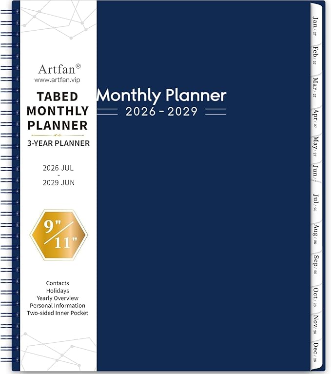 2026-2029 Monthly Planner - 3 Year Monthly Planner 2026-2029, Jul 2026 - Jun 2029, 9" x 11", 3 Year Calendar 2027-2028-2029 Monthly Planner with Tabs - Navy Blue