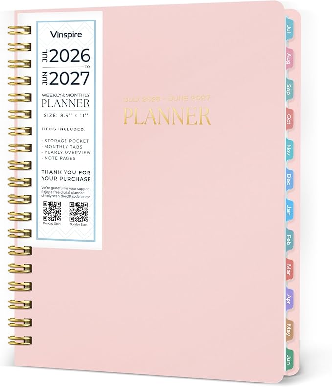 Vinspire 2026 Planner - Yearly, Monthly, and Weekly Planner 2026-2027 for Teachers & Students - Spiral US Academic Year Student Calendar Planners with Notes Pages 2026 Planner Weekly and Monthly - Large (Pink, 8.5"×11")