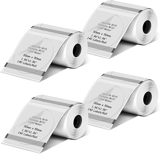 Round Circle Thermal Label Compatible with Phomemo M100/M110/M150/M221/M220/M120/M200/M250 Label Printer,1.96" x 1.96" 50x50 mm, 180 Labels/Roll, Black on Transparent,4 Rolls