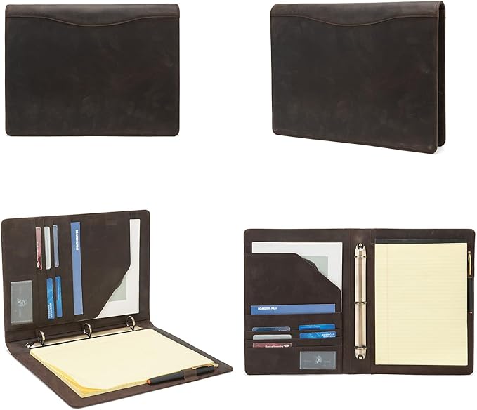 Genuine Leather 3 Ring Binder, 8.5 x 11 Letter Size Folio with Pen Holder, Soft Notebook Portfolio Cover, Slim Notepad Padfolio Thin File Organizer for Work Executive Meeting, Dark Khaki