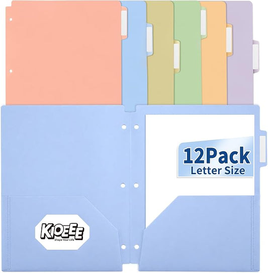Plastic Folders with Pockets, 3 Hole Punched for 3 Ring Binder, 12 Pack Pastel File Folders, 1/3 Cut Index Tabs for Quick Find, Heavy Duty File Folders, Letter Size for School