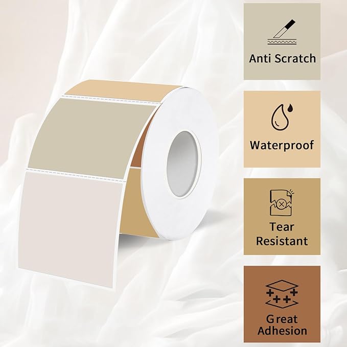 1.5 Inch Square Thermal Label Printer Stickers, Beige Gradient Self-Adhesive Direct Thermal Labels Stickers, Waterproof/Perforation Line Design- 500 Sheets
