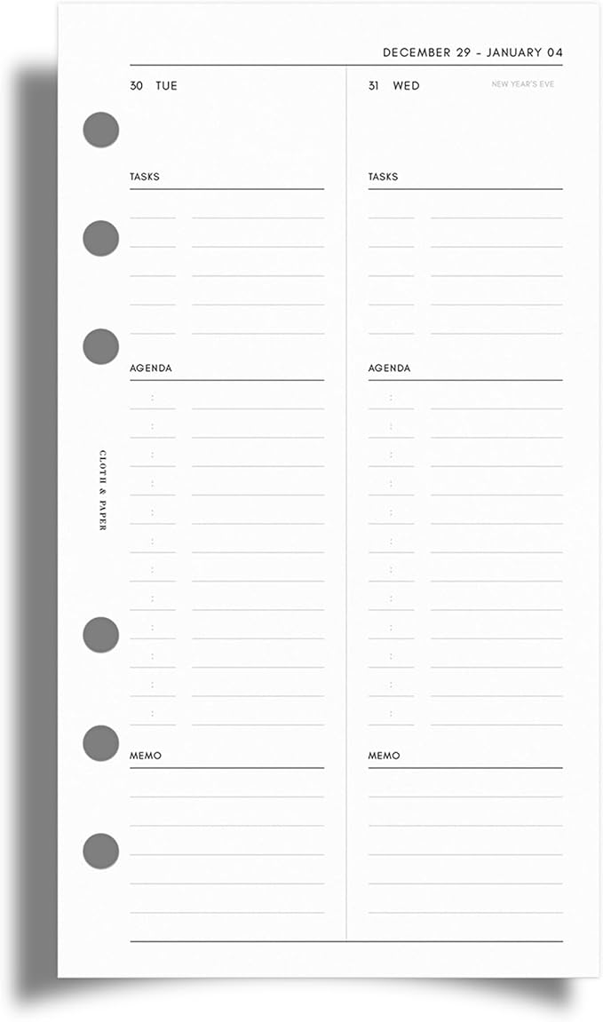 Cloth & Paper 2026 Daily Planner Inserts - Monday Start | Personal Size 3.75 x 6.75 | Minimalist Agenda Refills | 2 Days Per Page | 6 Ring Planner Refills for Daily Organizers | Heavyweight Paper