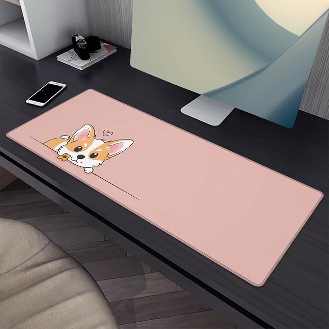 Cute Dog Mouse Pad，Pink Corgi Gaming Keyboard Mat，Laptop Computer Protector with Non-Slip Rubber Base，Large Extended MousePads Gifts for Desk Office Home，Deskmat Decor 31.5" x 11.8"
