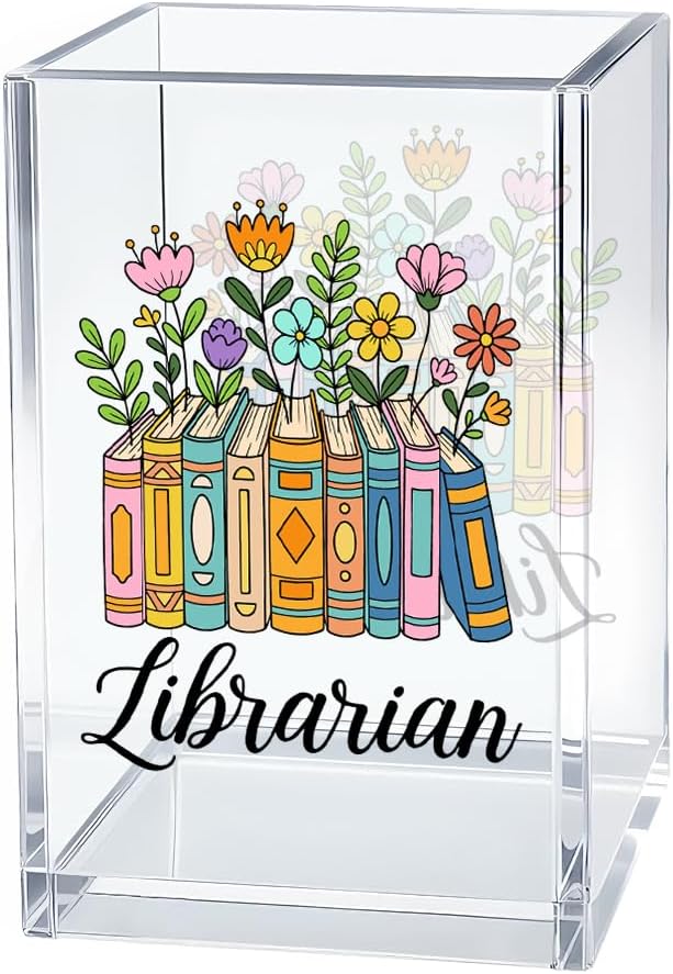 Librarian Acrylic Pen Holder Cosmetic Organizer, Funny Pencil Pen Holder for Desk, Reading Nook Accessories for Library Lover Teacher, Librarian Day Appreciation Birthday Back To School Gifts