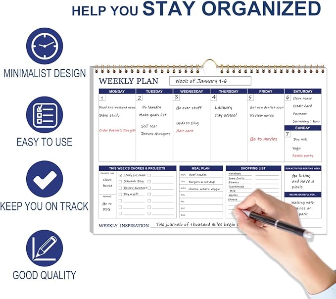 Large Weekly Planner - 17" x 12" Spiral Weekly Calendar, 52 Weekly Goals Schedule Planner for Planning and Organizing Family Activities, Meal Tracker, Undated