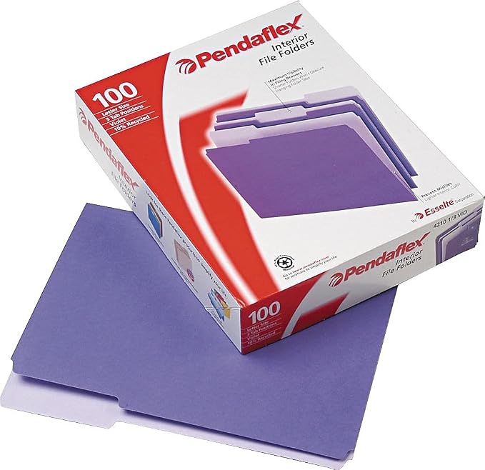 Pendaflex Interior File Folders, 1/3 Cut, Top Tab, Letter Size, Violet, 100 per Box (4210 1/3 VIO)