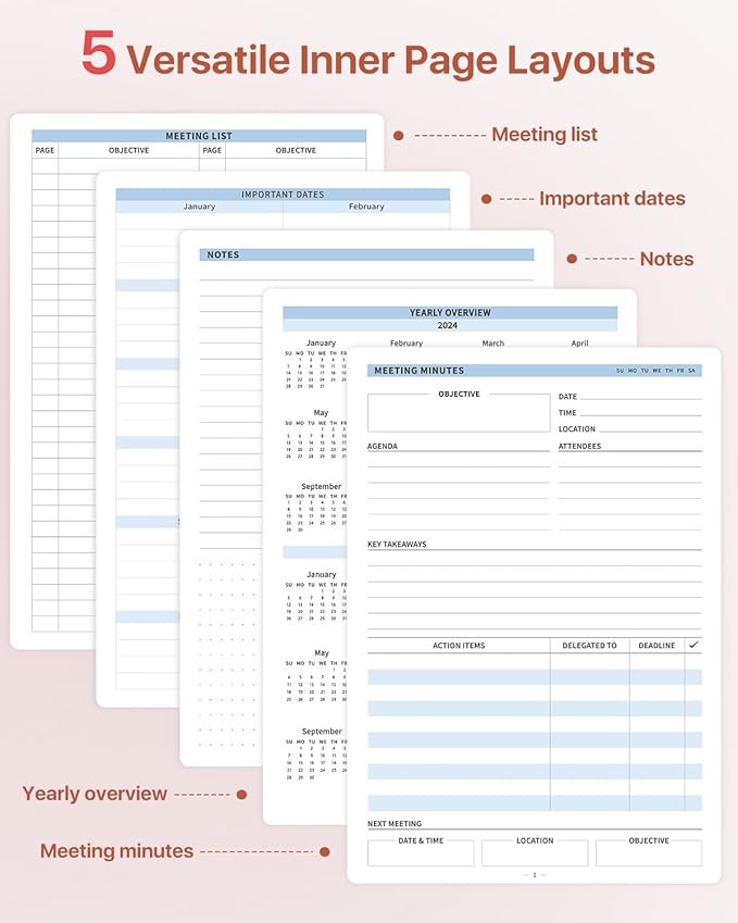 WEMATE Meeting Notebook for Work, Work Planner Notebook With Action Items, B5 Size Project Planner, Easily Take Meeting Notes & Keep Agendas on Track, Calender, Index Page, Inner Pocket, 7×10 Inch, Pink