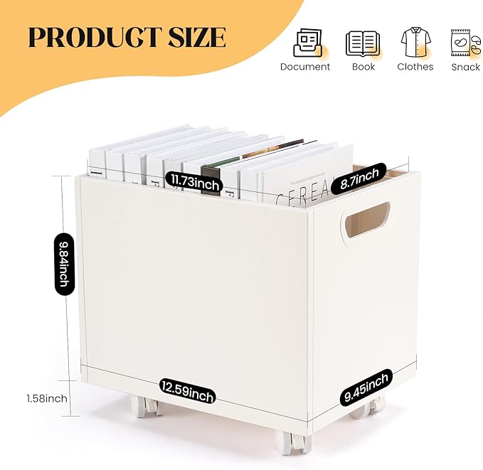 Rolling File Organizer with Wheels, Stackable Storage File Boxes, Portable Letter/Legal Size File Folder Box Book Box Document Organizer for Home Office Filing Storage Bin, White