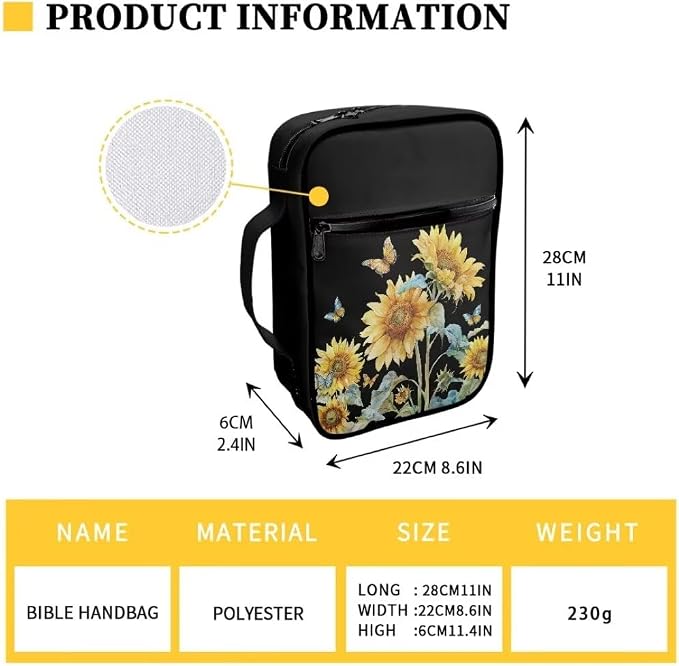 Coldinair Sunflower Bible Cover for Women Girls Butterfly Bible Case Scripture Study Carrying Book Cover Church Bag Protective with Handle and Zippered Pocket