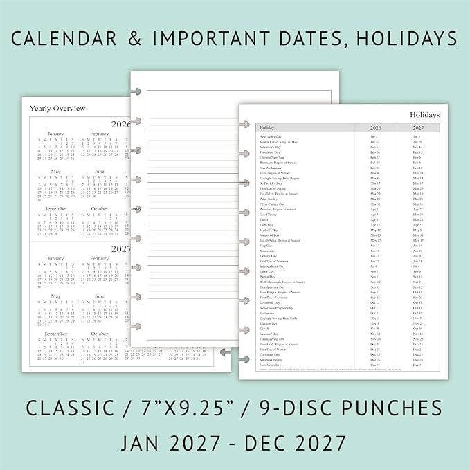 2027 Weekly Planner Refills for Happy Planner Classic Notebook - 9 Discs Punched, Two Pages Per Week, Jan 2027 to Dec 2027, 7" x 9-1/4"