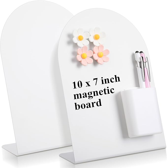 Redbaker 2 Pcs Magnetic Bulletin Board for Tabletops with 8 Flower Magnets 2 Magnetic Pen Holder 2 Pen 10 x 7 Inch Memo Display Easel Stand for Home Office School Kitchen Table Supplies (White)