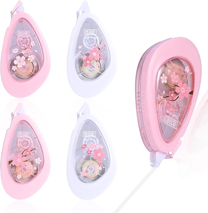 Temiary 4 Pcs White Smooth Pull Out Correction Tape, Quick Dry Applicator for Instant Corrections, Aesthetic Flower Pattern Correction Tapes for Students School Office Supplies (Cherry Blossom)
