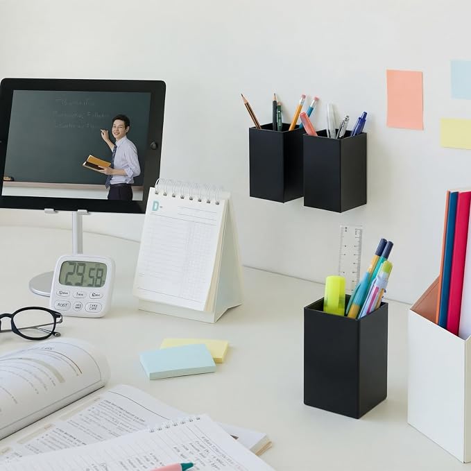 Affrolling 4 Pcs Classroom Magnetic Storage Boxes with Write Wipe Label Magnetic Storage Containers Plastics Pen Holder for Classroom Whiteboard Dry Erase Board Refrigerator Locker Organizer(Black)