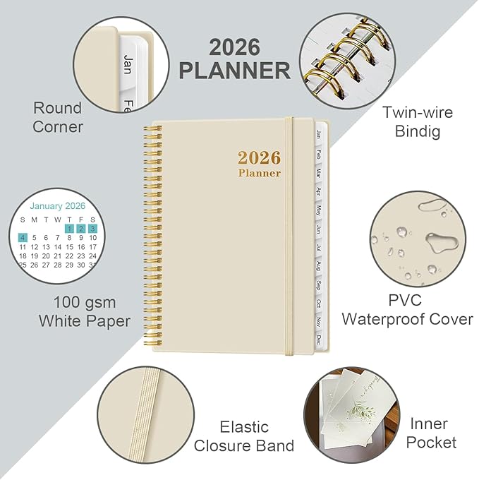 Planner 2026 For Women & Men - Monthly and Weekly Calendar Planner from January 2026 - December 2026, Student Planning with 12 Tabs for Office School Supplies, Inner Pocket, 8.5" x 11", Beige