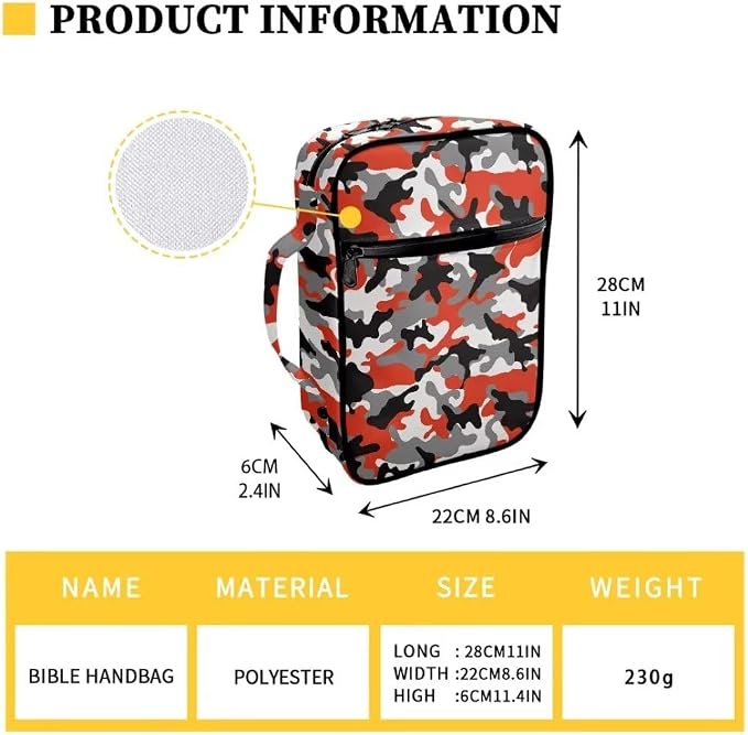 Coldinair Red Camo Bible Cover for Men Kids,Carrying Book Case Church Bag Scripture Bag Bible Tote Bag with Zippered Pocket and Handle
