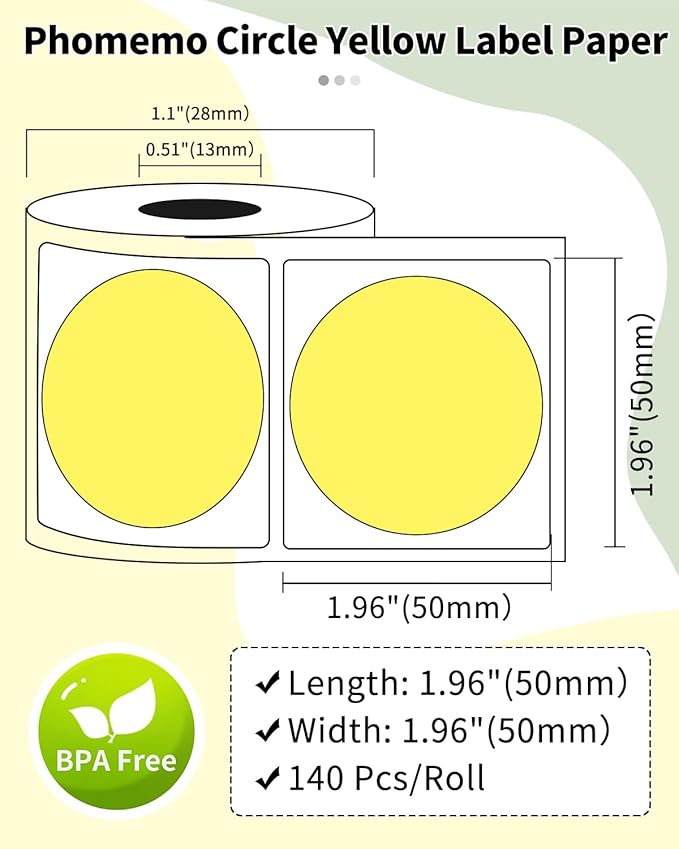Phomemo Thermal Sticker Label for M110/M100/M220/M250/M108 Label Printer, 1.96" x 1.96"(50x50 mm), Black on Yellow, 140 Labels/Roll, for Barcode/Address/Mailing/Logo/Business/Home Tag