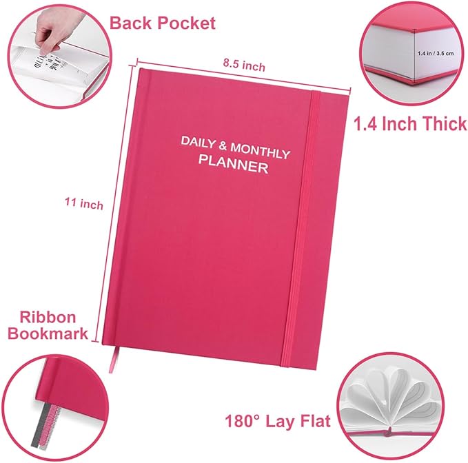 Daily & Monthly Planner for 2026 or Anytime - ADHD Planner Two Pages Per Day, Daily Planner Undated to Increase Focus, Eliminate Overwhelm, Achieve Your Biggest Goals, 8.5'' × 11'', Pink
