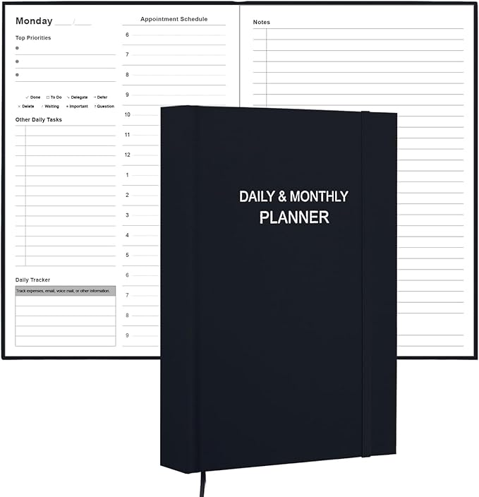 Daily & Monthly Planner for 2026 or Anytime - ADHD Planner Two Pages Per Day, Daily Planner Undated to Increase Focus, Eliminate Overwhelm, Achieve Your Biggest Goals, 5.8'' × 8.3'', Black