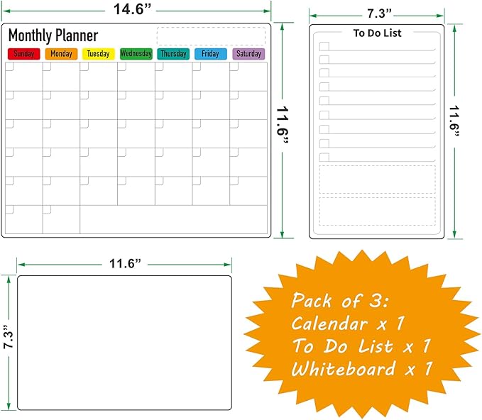ZazzyKid Magnetic Dry Erase Calendar for Fridge: Pack of 3-14.6” x 11.6” Magnetic Monthly Planner + 7.3” x 11.6” To Do List Pad & Fridge Whiteboard