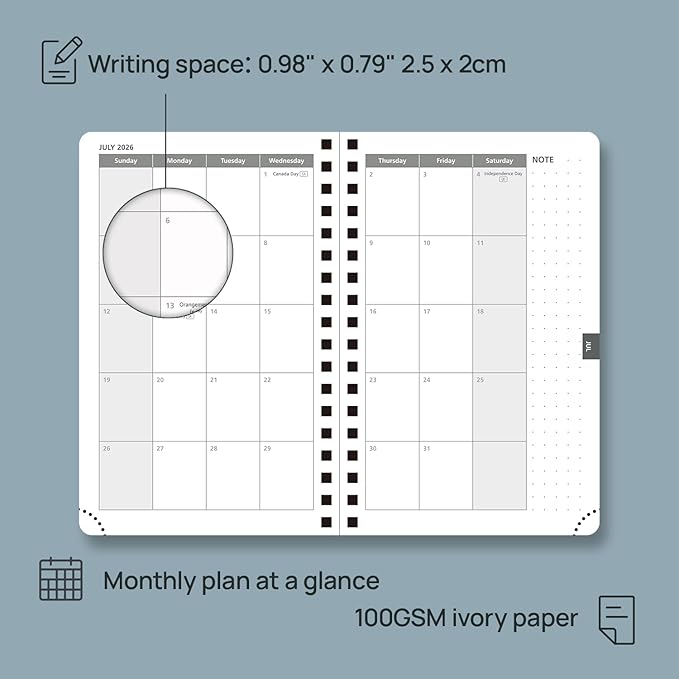 POPRUN Pocket Planner 2026 (Jan-Dec), Small Size-4'' x 6.25'', 12-Month Horizontal Weekly Notebook, 2026 Pocket Calendar Book with Monthly Tabs, Spiral Soft Cover, Inner Pocket, 100 GSM - Midnight Green