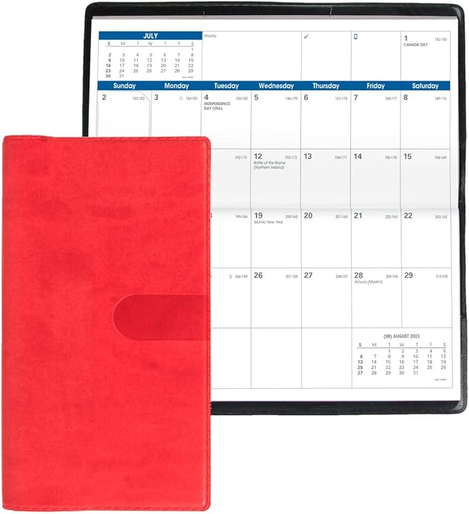 Quo Vadis 2024 Visoplan - Monthly Planner - 12 Months, Jan. to Dec. - 6 3/4 x 3 1/2" - Smooth Faux Suede Texas Red - Pocket Calendar Organizer