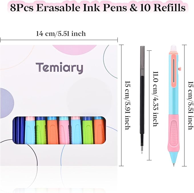 Temiary 8 Pcs Aesthetic Retractable Erasable Gel Pens & 10 Pcs Extra Refills, Ink Pen with Eraser, 0.5 mm Fine Point Smooth Writing for Students School Office Supplies (Black Ink)