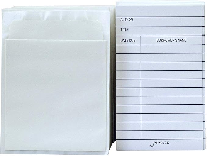 Jot & Mark Library Kit with 100 Book Card Pockets and Catalog Checkout Cards | Perfect for creating School Classroom, Church, Social Group and Personal Libraries