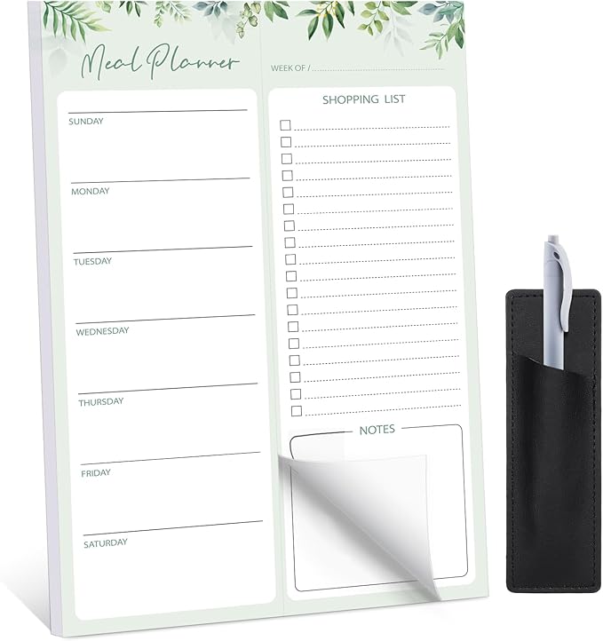 60 Sheets Meal Planner for fridge with Pen Holder, 7x10'' Magnetic Grocery List Undated Weekly Meal Planners with Tear off Shopping List, Green Leaf