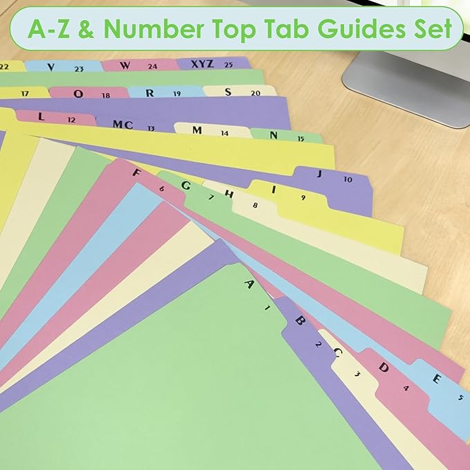 1 Set A-Z Alphabetical File Folder Guide Dividers, Alphabetic and Number Top Label Files, Legal Size, 25 Sheets Letter Size 1/5 Cut Positions File Cabinet Dividers for Office Home School