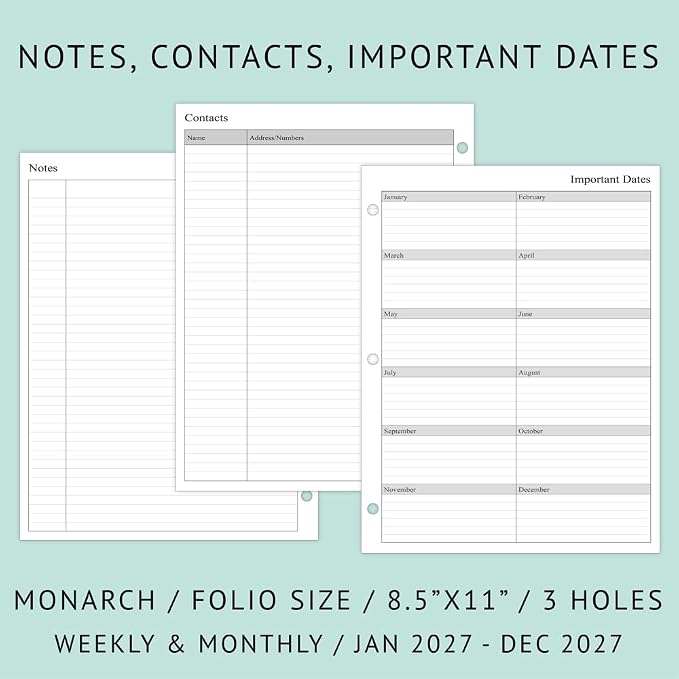 newestor 2027 Weekly Planner Refills for 3-Ring Binder with Monthly Tabs, Two Pages Per Week, 8-1/2" x 11", Folio Size 5 / Monarch