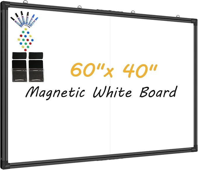 60"X40" Large Magnetic Whiteboard for Wall - Non-Glare Coated Surface, Heavy-Duty Hanging Dry Erase Board with Black Aluminum Frame for Office, Classroom & Home (Full Accessory Kit Included)