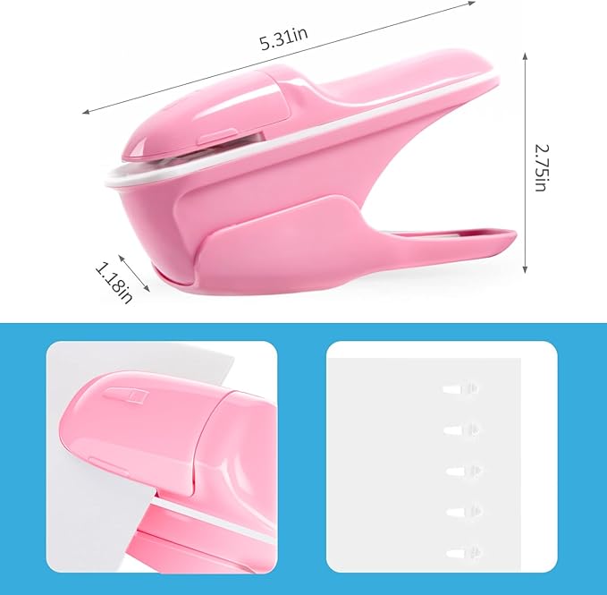 Stapleless Stapler, Staplers for Desk,Mini Stapler,Office Supplies,Paper Clinch Compact Staple Free Staple,with Labor Saving Structure Design for Office School, Up to 8 Sheets Binding, Ivory Pink